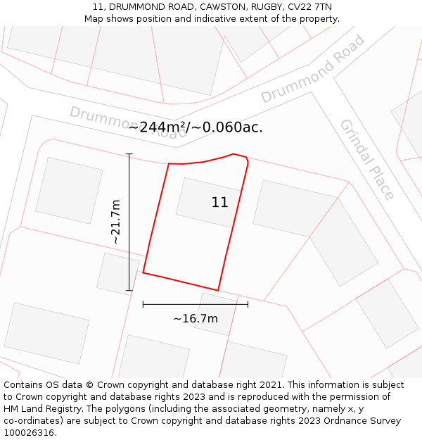 11, DRUMMOND ROAD, CAWSTON, RUGBY, CV22 7TN: Plot and title map