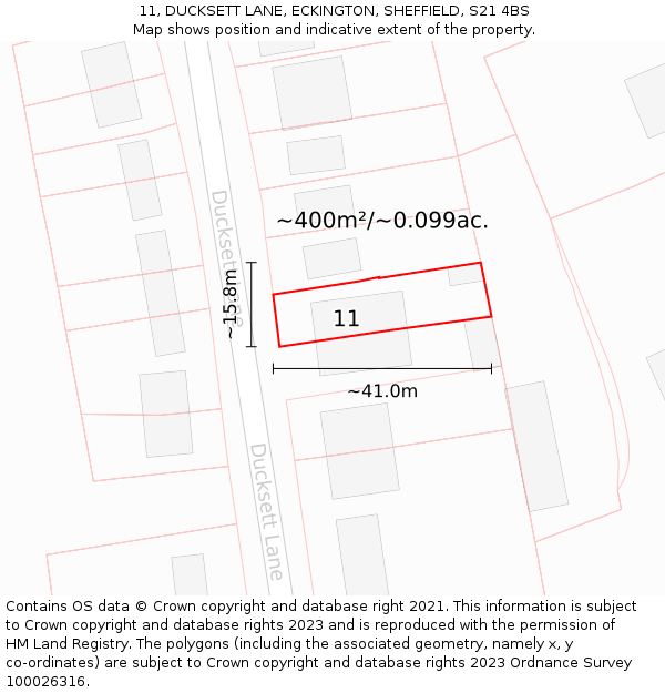 11, DUCKSETT LANE, ECKINGTON, SHEFFIELD, S21 4BS: Plot and title map