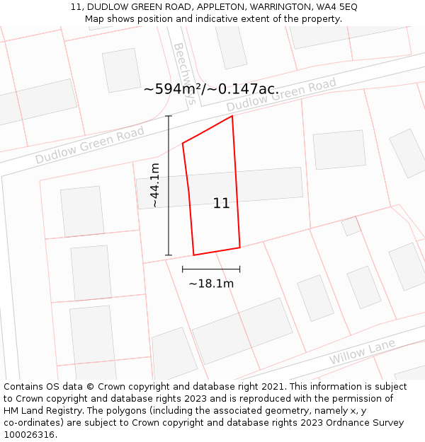 11, DUDLOW GREEN ROAD, APPLETON, WARRINGTON, WA4 5EQ: Plot and title map