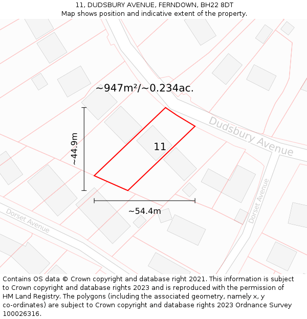 11, DUDSBURY AVENUE, FERNDOWN, BH22 8DT: Plot and title map