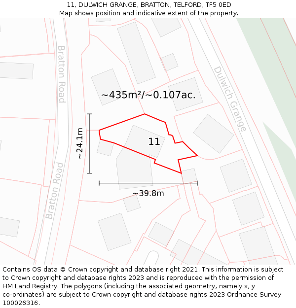 11, DULWICH GRANGE, BRATTON, TELFORD, TF5 0ED: Plot and title map