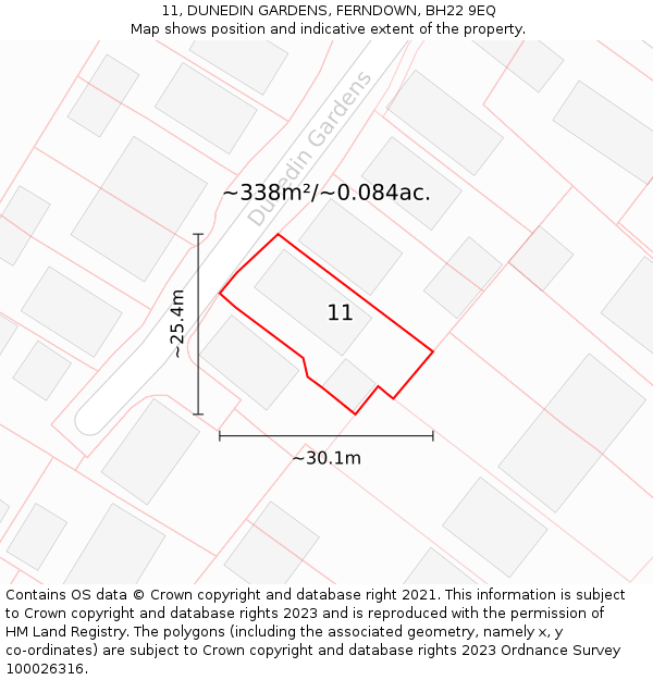 11, DUNEDIN GARDENS, FERNDOWN, BH22 9EQ: Plot and title map