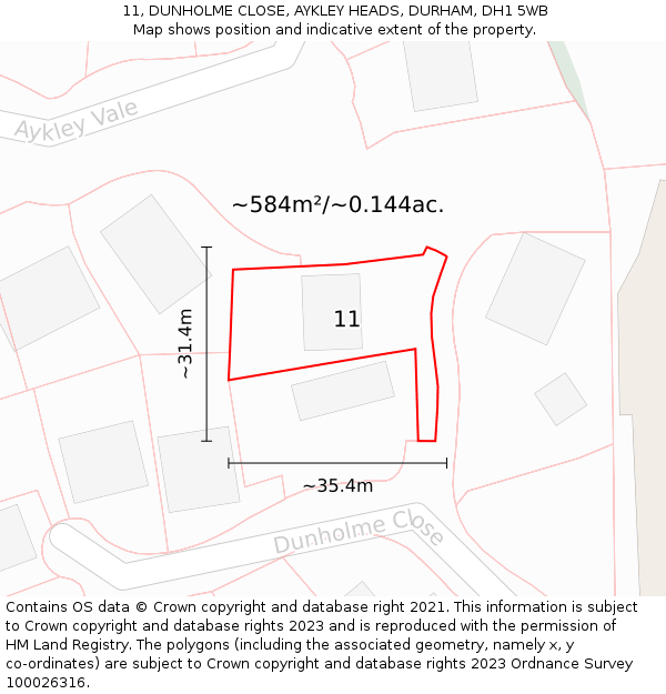 11, DUNHOLME CLOSE, AYKLEY HEADS, DURHAM, DH1 5WB: Plot and title map