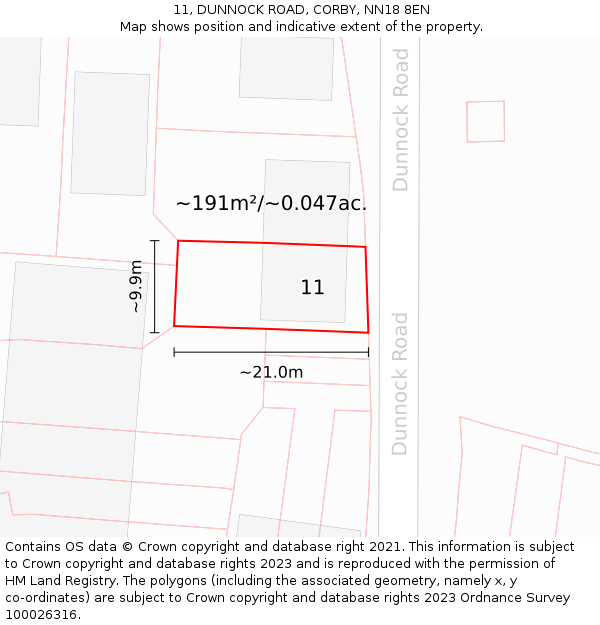 11, DUNNOCK ROAD, CORBY, NN18 8EN: Plot and title map