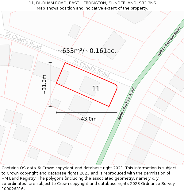 11, DURHAM ROAD, EAST HERRINGTON, SUNDERLAND, SR3 3NS: Plot and title map