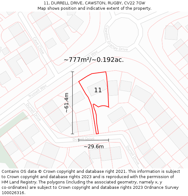 11, DURRELL DRIVE, CAWSTON, RUGBY, CV22 7GW: Plot and title map