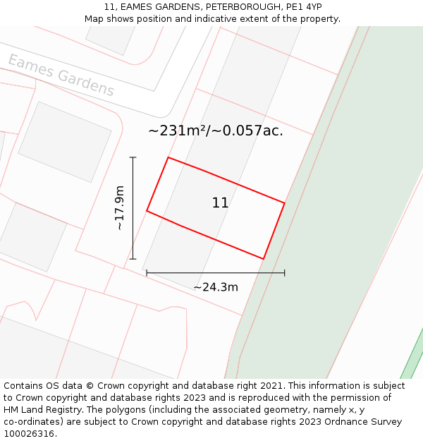 11, EAMES GARDENS, PETERBOROUGH, PE1 4YP: Plot and title map