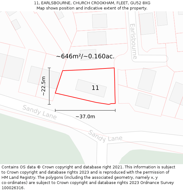 11, EARLSBOURNE, CHURCH CROOKHAM, FLEET, GU52 8XG: Plot and title map