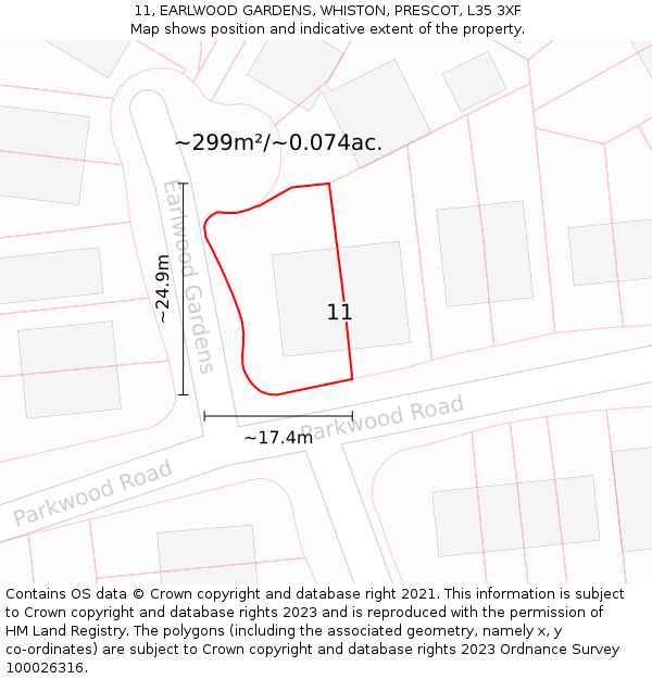 11, EARLWOOD GARDENS, WHISTON, PRESCOT, L35 3XF: Plot and title map