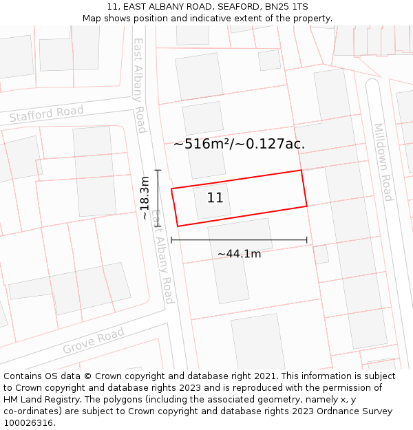 11, EAST ALBANY ROAD, SEAFORD, BN25 1TS: Plot and title map