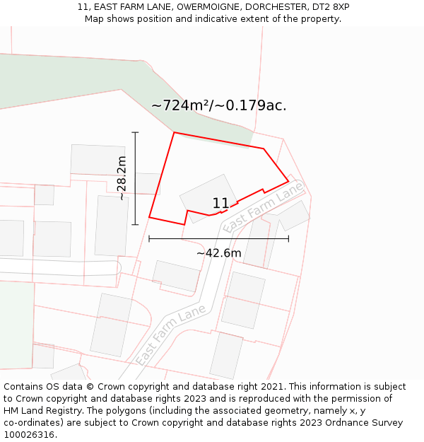 11, EAST FARM LANE, OWERMOIGNE, DORCHESTER, DT2 8XP: Plot and title map