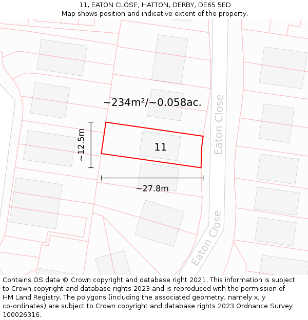 11, EATON CLOSE, HATTON, DERBY, DE65 5ED: Plot and title map