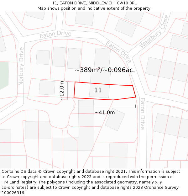 11, EATON DRIVE, MIDDLEWICH, CW10 0PL: Plot and title map