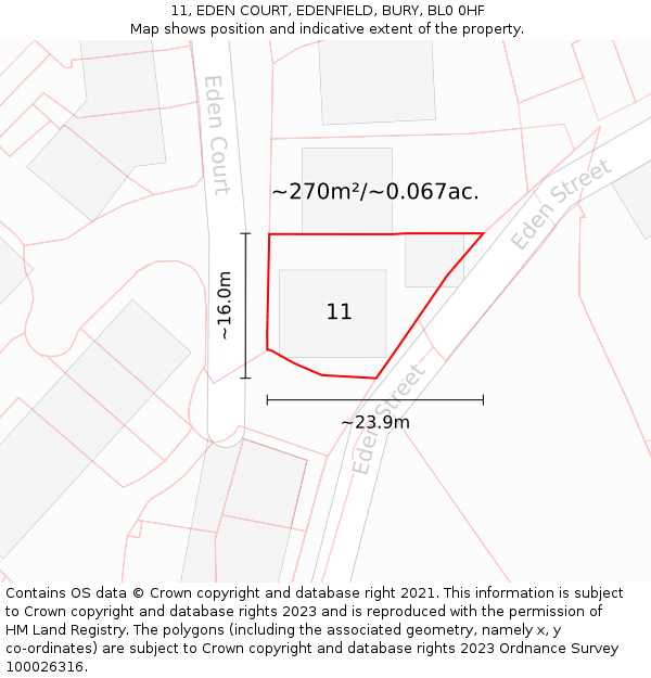 11, EDEN COURT, EDENFIELD, BURY, BL0 0HF: Plot and title map