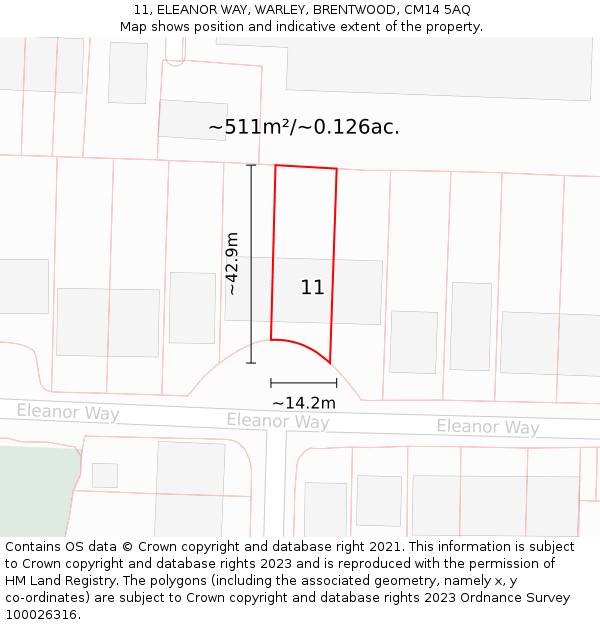 11, ELEANOR WAY, WARLEY, BRENTWOOD, CM14 5AQ: Plot and title map