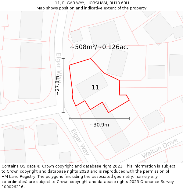 11, ELGAR WAY, HORSHAM, RH13 6RH: Plot and title map