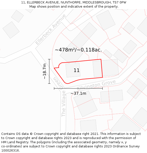 11, ELLERBECK AVENUE, NUNTHORPE, MIDDLESBROUGH, TS7 0PW: Plot and title map