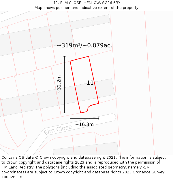 11, ELM CLOSE, HENLOW, SG16 6BY: Plot and title map