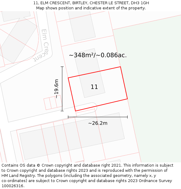 11, ELM CRESCENT, BIRTLEY, CHESTER LE STREET, DH3 1GH: Plot and title map