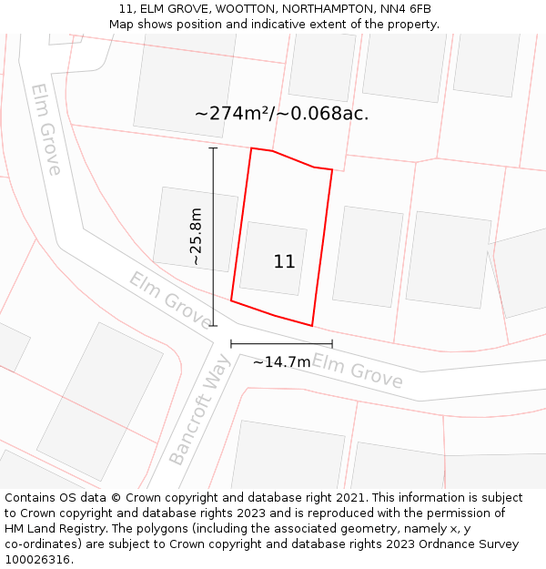 11, ELM GROVE, WOOTTON, NORTHAMPTON, NN4 6FB: Plot and title map