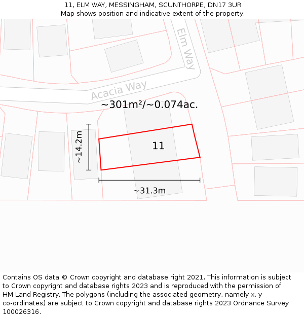 11, ELM WAY, MESSINGHAM, SCUNTHORPE, DN17 3UR: Plot and title map