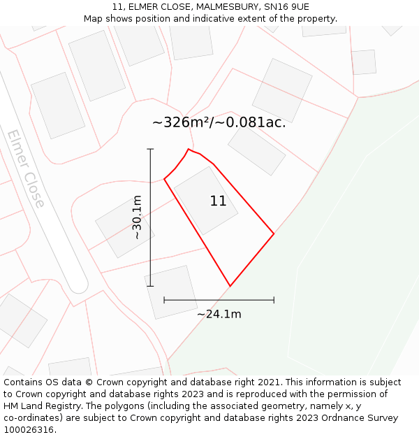 11, ELMER CLOSE, MALMESBURY, SN16 9UE: Plot and title map