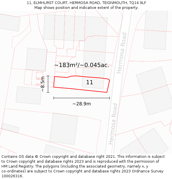 11, ELMHURST COURT, HERMOSA ROAD, TEIGNMOUTH, TQ14 9LF: Plot and title map