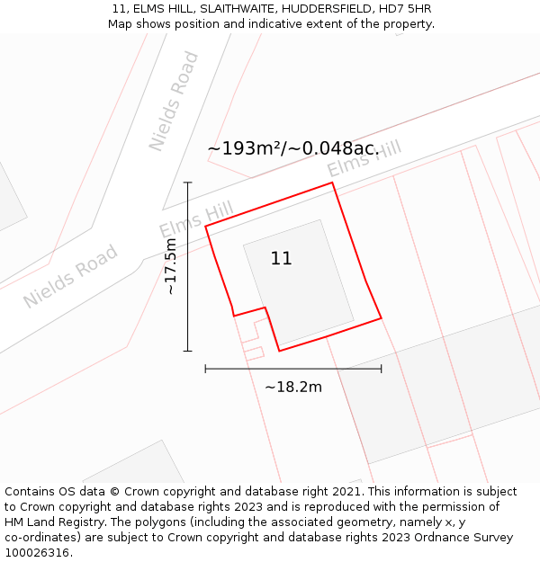 11, ELMS HILL, SLAITHWAITE, HUDDERSFIELD, HD7 5HR: Plot and title map