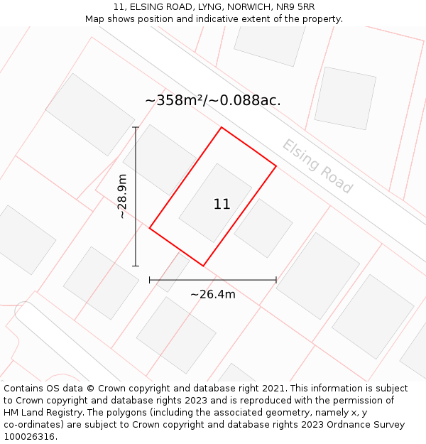 11, ELSING ROAD, LYNG, NORWICH, NR9 5RR: Plot and title map