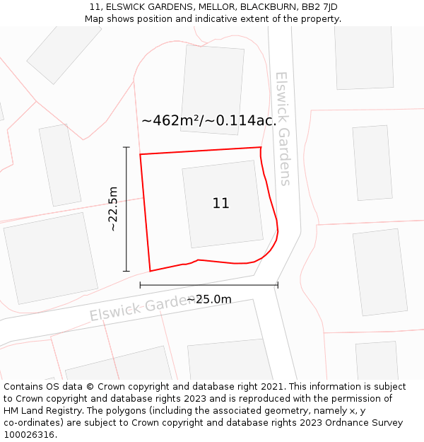 11, ELSWICK GARDENS, MELLOR, BLACKBURN, BB2 7JD: Plot and title map