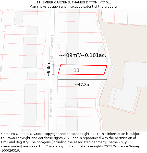 11, EMBER GARDENS, THAMES DITTON, KT7 0LL: Plot and title map