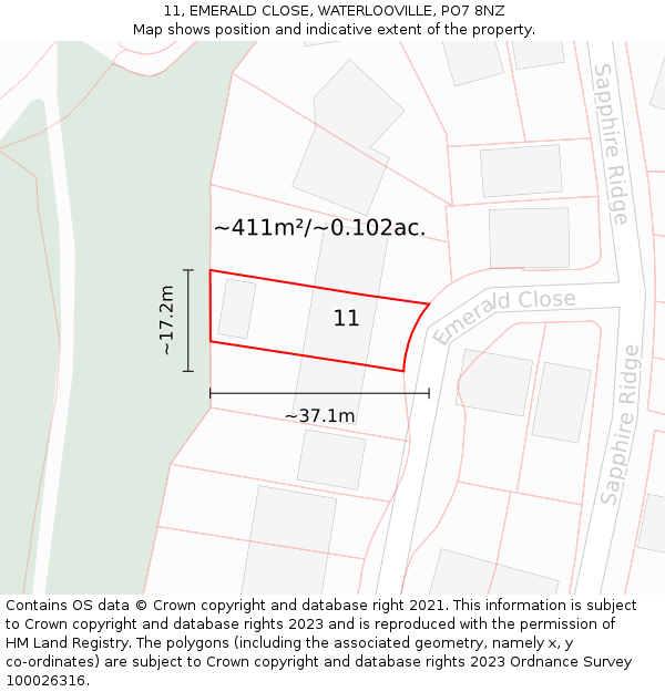 11, EMERALD CLOSE, WATERLOOVILLE, PO7 8NZ: Plot and title map