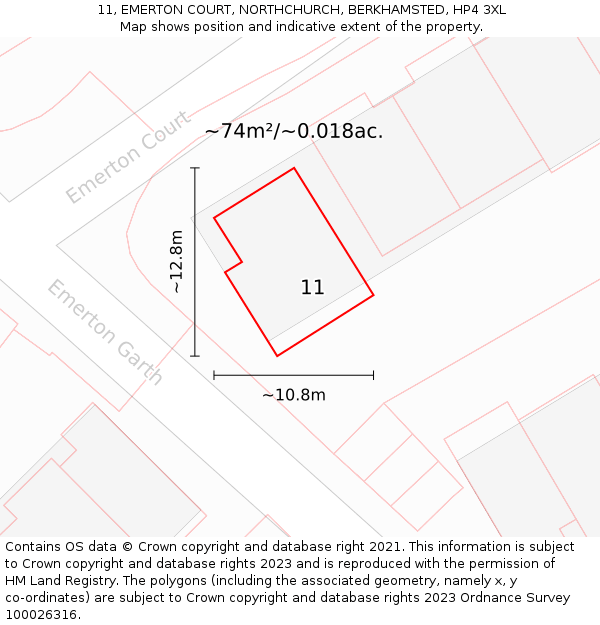 11, EMERTON COURT, NORTHCHURCH, BERKHAMSTED, HP4 3XL: Plot and title map