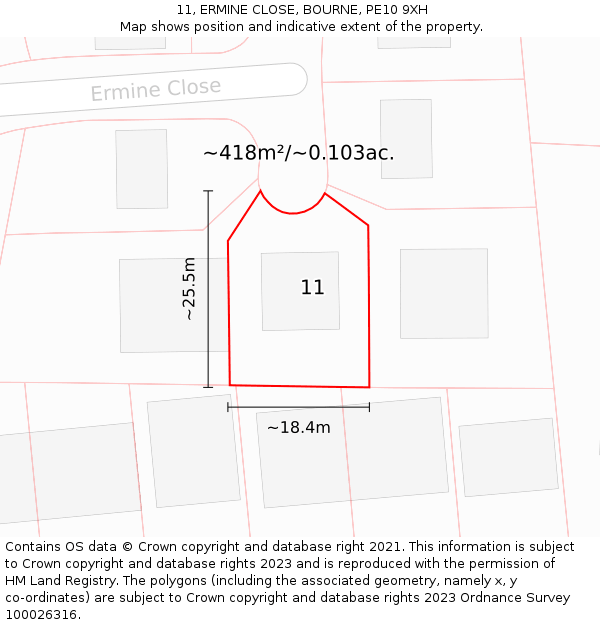 11, ERMINE CLOSE, BOURNE, PE10 9XH: Plot and title map