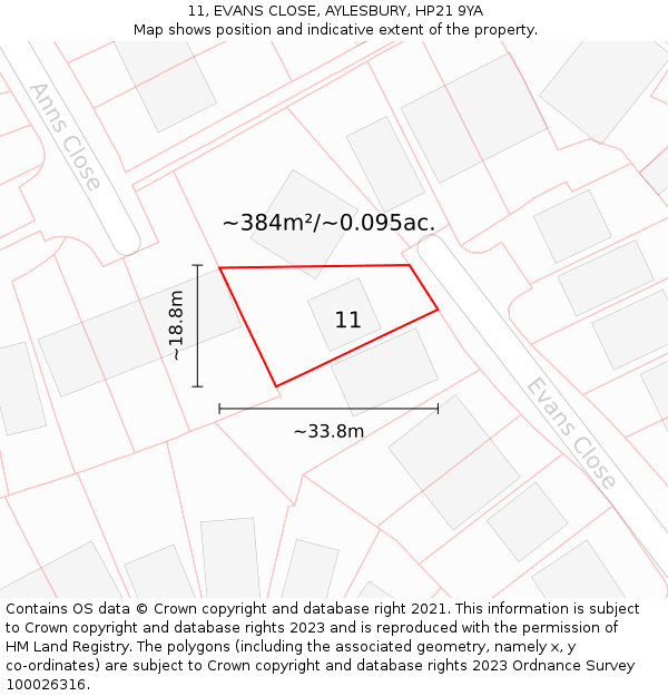 11, EVANS CLOSE, AYLESBURY, HP21 9YA: Plot and title map