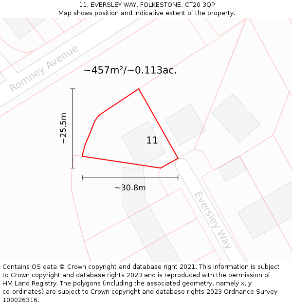 11, EVERSLEY WAY, FOLKESTONE, CT20 3QP: Plot and title map