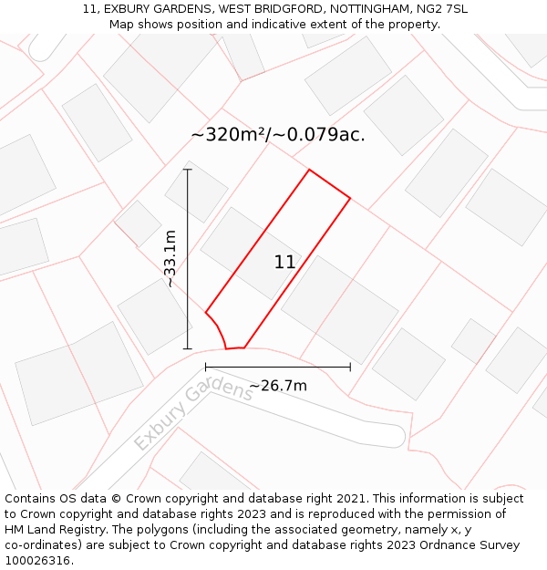 11, EXBURY GARDENS, WEST BRIDGFORD, NOTTINGHAM, NG2 7SL: Plot and title map