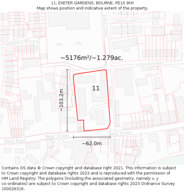 11, EXETER GARDENS, BOURNE, PE10 9NY: Plot and title map