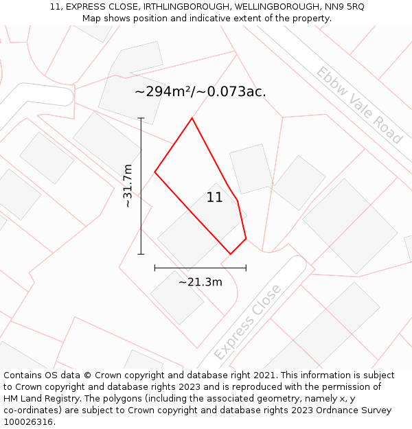 11, EXPRESS CLOSE, IRTHLINGBOROUGH, WELLINGBOROUGH, NN9 5RQ: Plot and title map