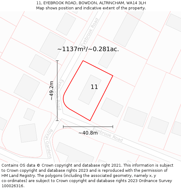 11, EYEBROOK ROAD, BOWDON, ALTRINCHAM, WA14 3LH: Plot and title map