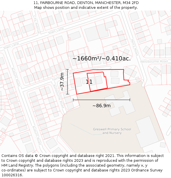 11, FAIRBOURNE ROAD, DENTON, MANCHESTER, M34 2FD: Plot and title map