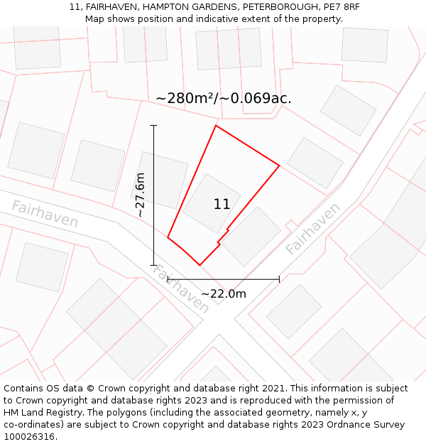 11, FAIRHAVEN, HAMPTON GARDENS, PETERBOROUGH, PE7 8RF: Plot and title map