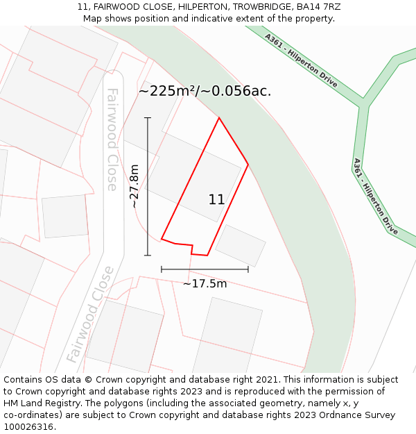 11, FAIRWOOD CLOSE, HILPERTON, TROWBRIDGE, BA14 7RZ: Plot and title map
