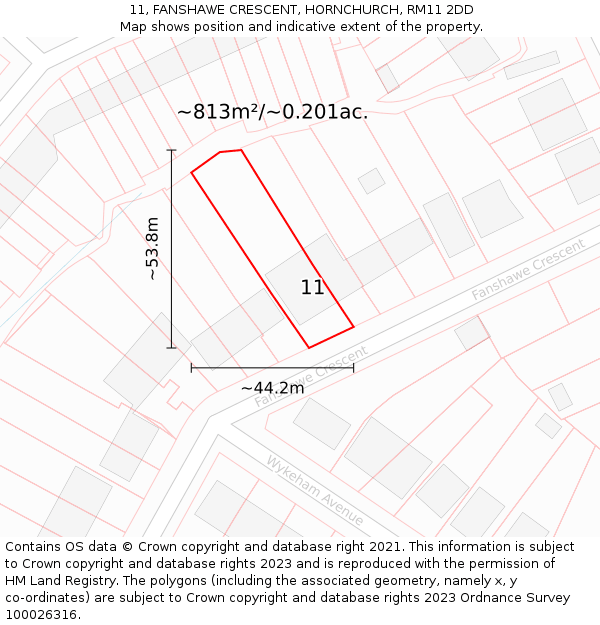 11, FANSHAWE CRESCENT, HORNCHURCH, RM11 2DD: Plot and title map