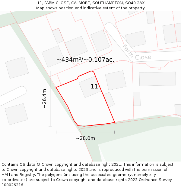 11, FARM CLOSE, CALMORE, SOUTHAMPTON, SO40 2AX: Plot and title map