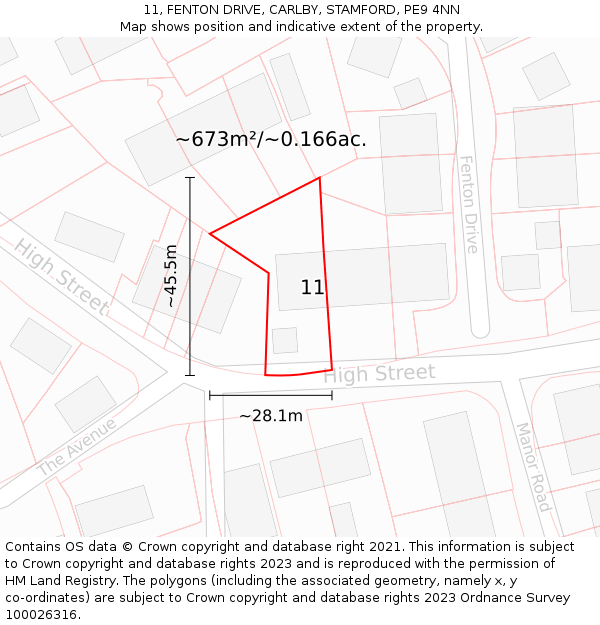 11, FENTON DRIVE, CARLBY, STAMFORD, PE9 4NN: Plot and title map