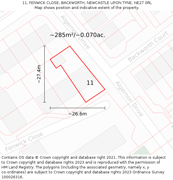 11, FENWICK CLOSE, BACKWORTH, NEWCASTLE UPON TYNE, NE27 0RL: Plot and title map