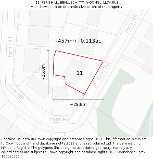 11, FERN HILL, BENLLECH, TYN-Y-GONGL, LL74 8UE: Plot and title map