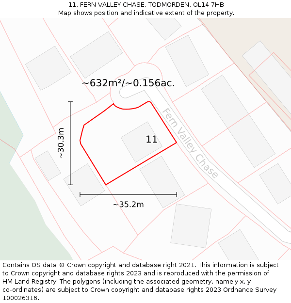 11, FERN VALLEY CHASE, TODMORDEN, OL14 7HB: Plot and title map