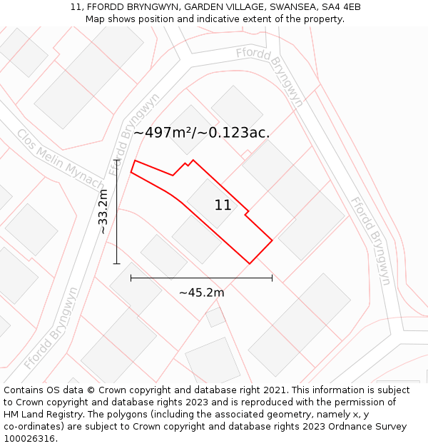 11, FFORDD BRYNGWYN, GARDEN VILLAGE, SWANSEA, SA4 4EB: Plot and title map